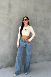 Açık Mavi Çapraz Düğme Detay Bol Paça Jean SY-2683-Açık Mavi