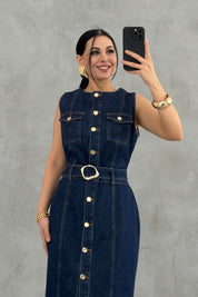 Gol Düğmeli Sıfır Kol Denim Elbise SY-3638-Mavi