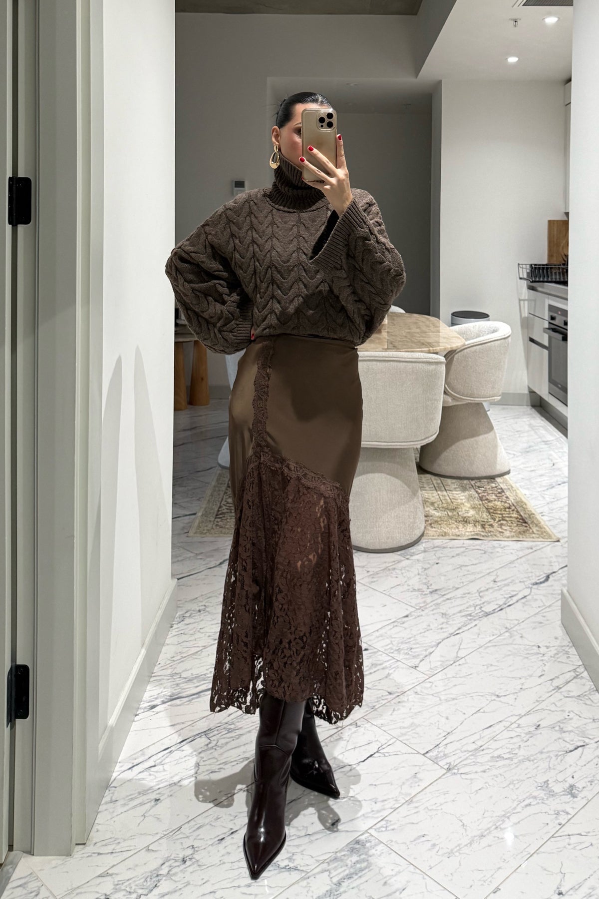 Dantel Detaylı Kahverengi Saten Etek SY-3540-Kahverengi