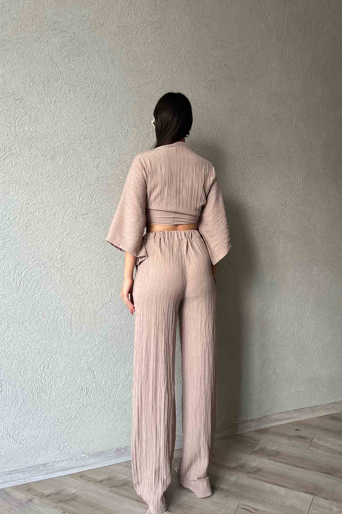 Vizon Bağlama Deyatlı Bluz Pantolon Keten Takım SY-2100-Vizon