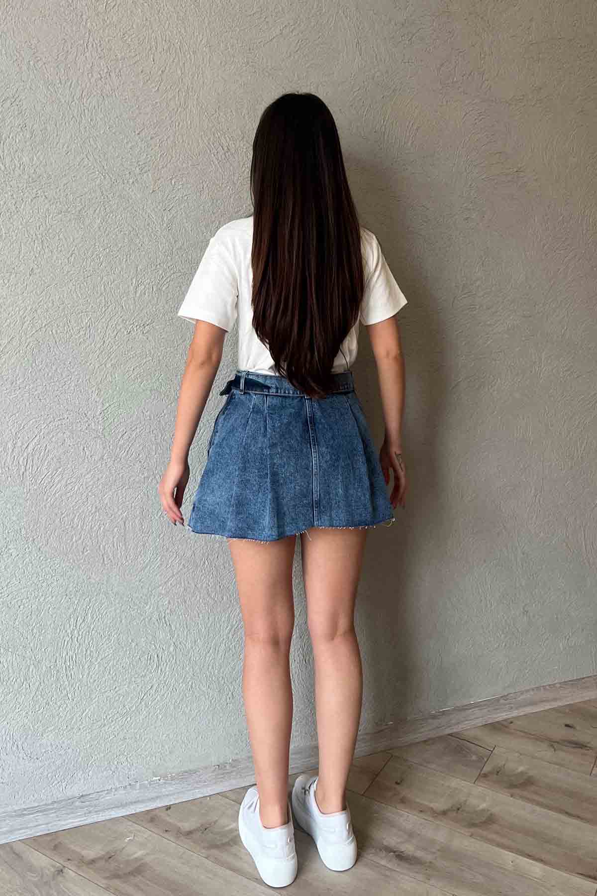 Mavi Pile Detaylı Cool Denim Etek SY-1887-Mavi