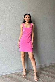 Pembe Kare Yaka Detaylı Elbise SY-2031-Pembe