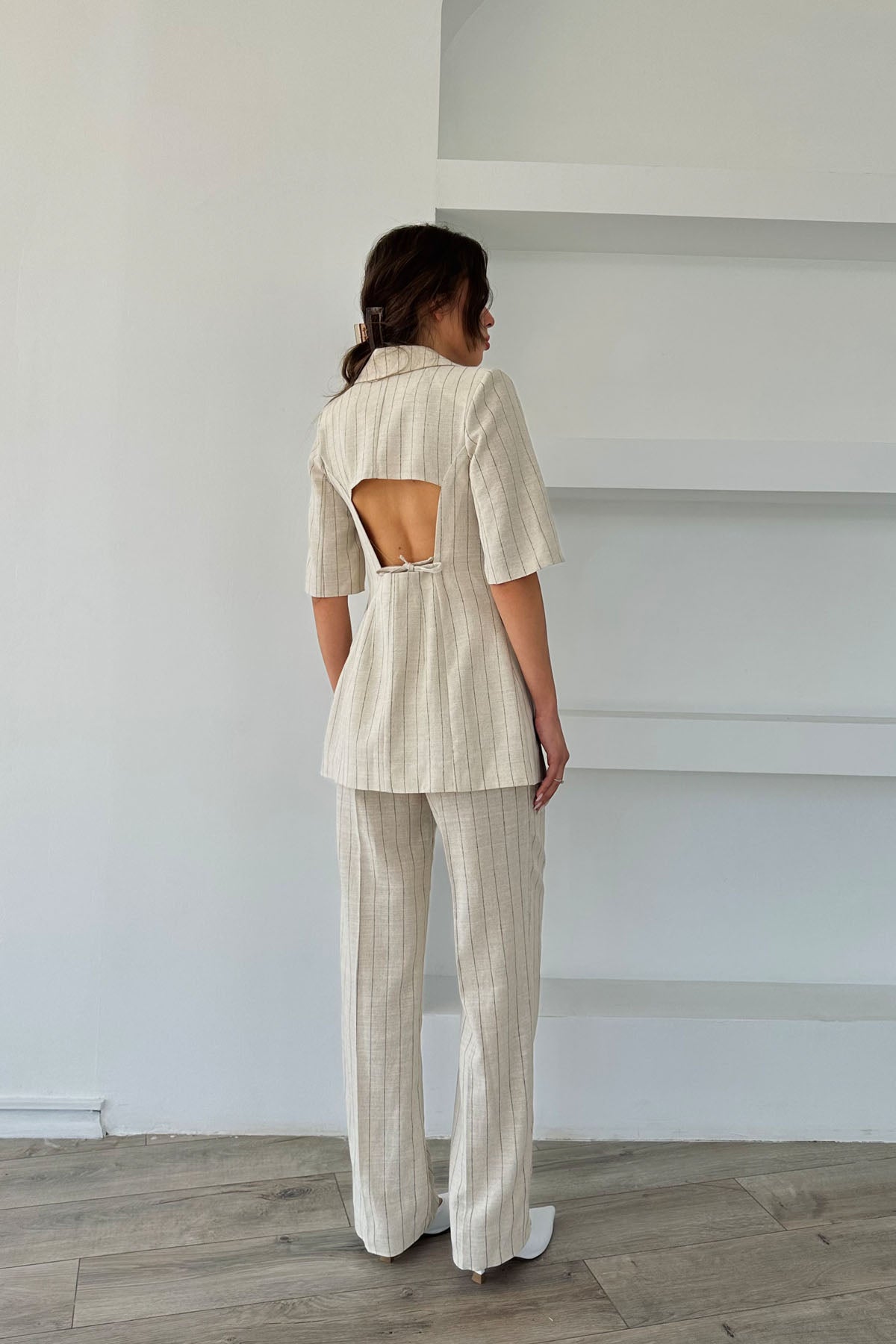 Bej Çizgili Sırt Detaylı Ceket ve Pantolon Takım SY-0389-Bej