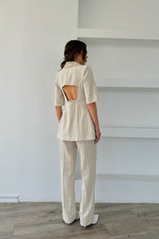 Bej Çizgili Sırt Detaylı Ceket ve Pantolon Takım SY-0389-Bej