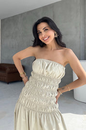 Açık Haki Büzgün Detaylı Paris Maxi Elbise SY-3196-Açık Haki