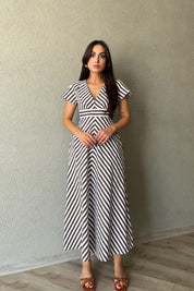 Kahverengi Çizgili Kısa Kol Elbise SY-2074-Kahverengi