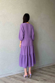 Müslin Kumaş V Yaka Rahat Kesim Mor Elbise SY-1939-Mor