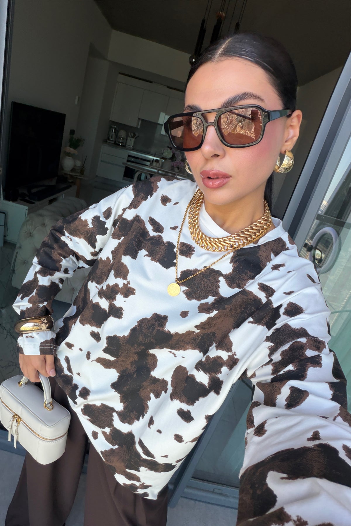 Kahve Cow Desenli Kahve Uzun Kollu Tişört SY-3827-Kahverengi