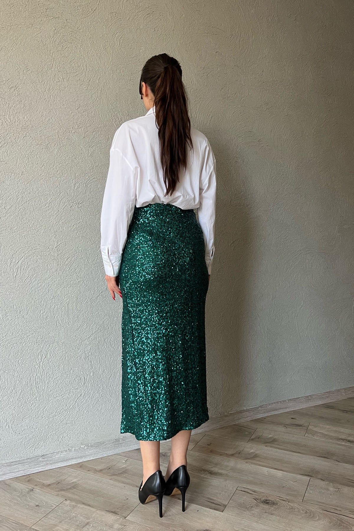 Petrol Yeşili Pullu Fermuarlı Yırtmaç Detaylı Midi Etek SY-1327-Petrol Yeşili