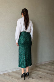 Petrol Yeşili Pullu Fermuarlı Yırtmaç Detaylı Midi Etek SY-1327-Petrol Yeşili