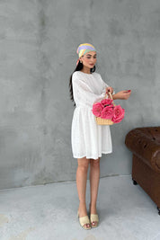 Ekru Brode Midi Boy Elbise SY-3049-Ekru