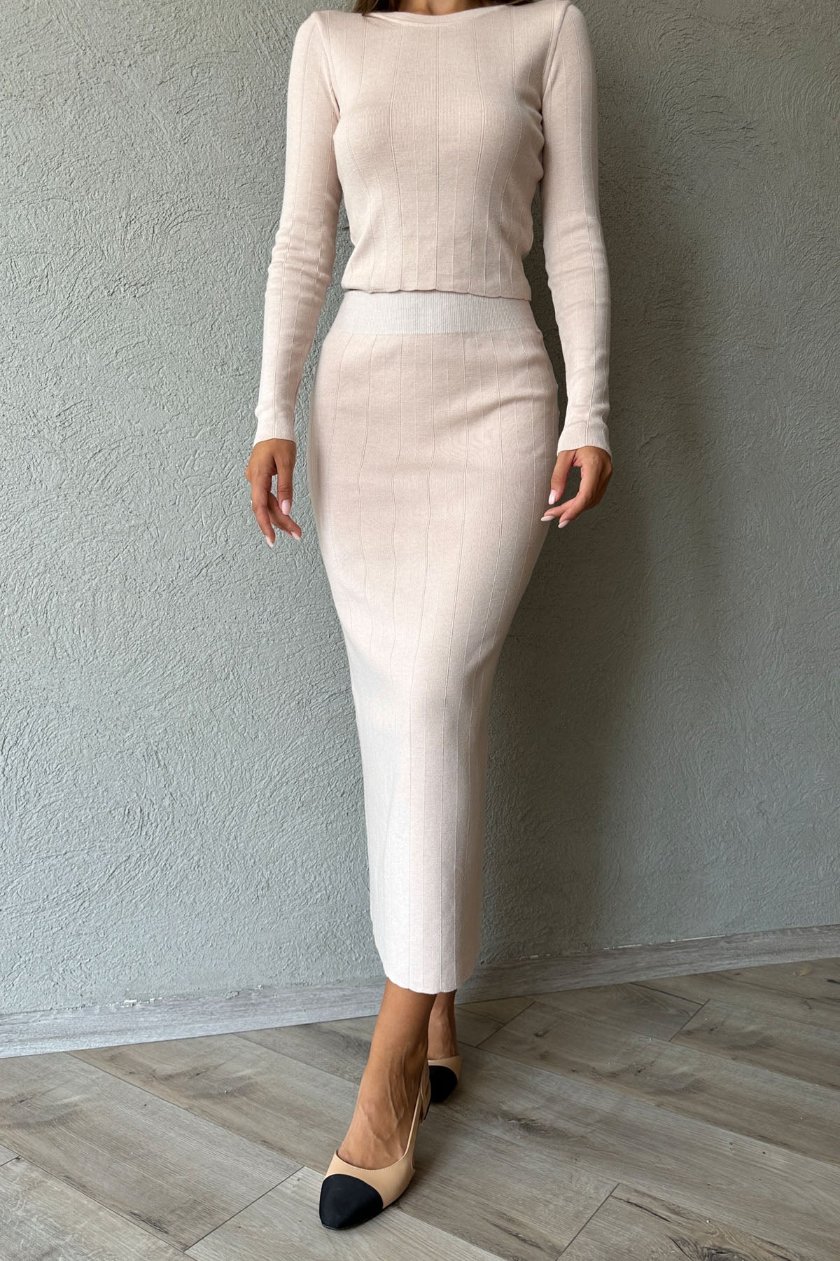 Ekru fitilli Uzun Kollu Bluz ve Etek Takım SY-0974-Ekru
