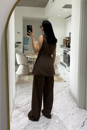 Kahve Çizgili Lidya Bol Paça Ve Yelek Takım SY-3690-Kahve