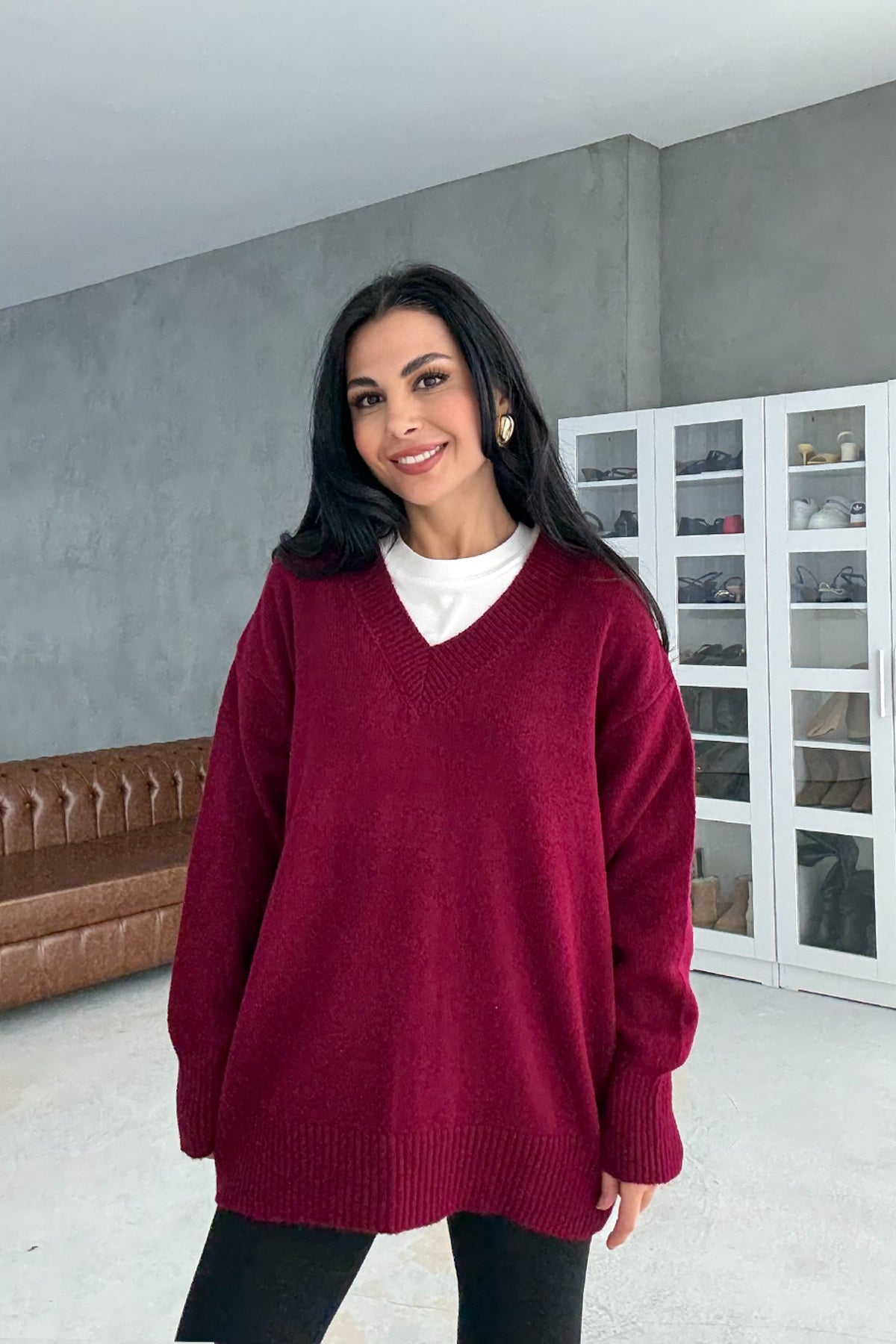 Bordo V Yaka Oversize Pinterest Triko Kazak SY-3348-Bordo