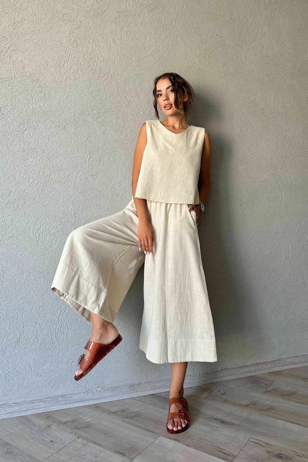 Taş Keten Bluz ve Beli Lastikli Pantolon Takım SY-0766-Taş