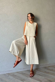 Taş Keten Bluz ve Beli Lastikli Pantolon Takım SY-0766-Taş
