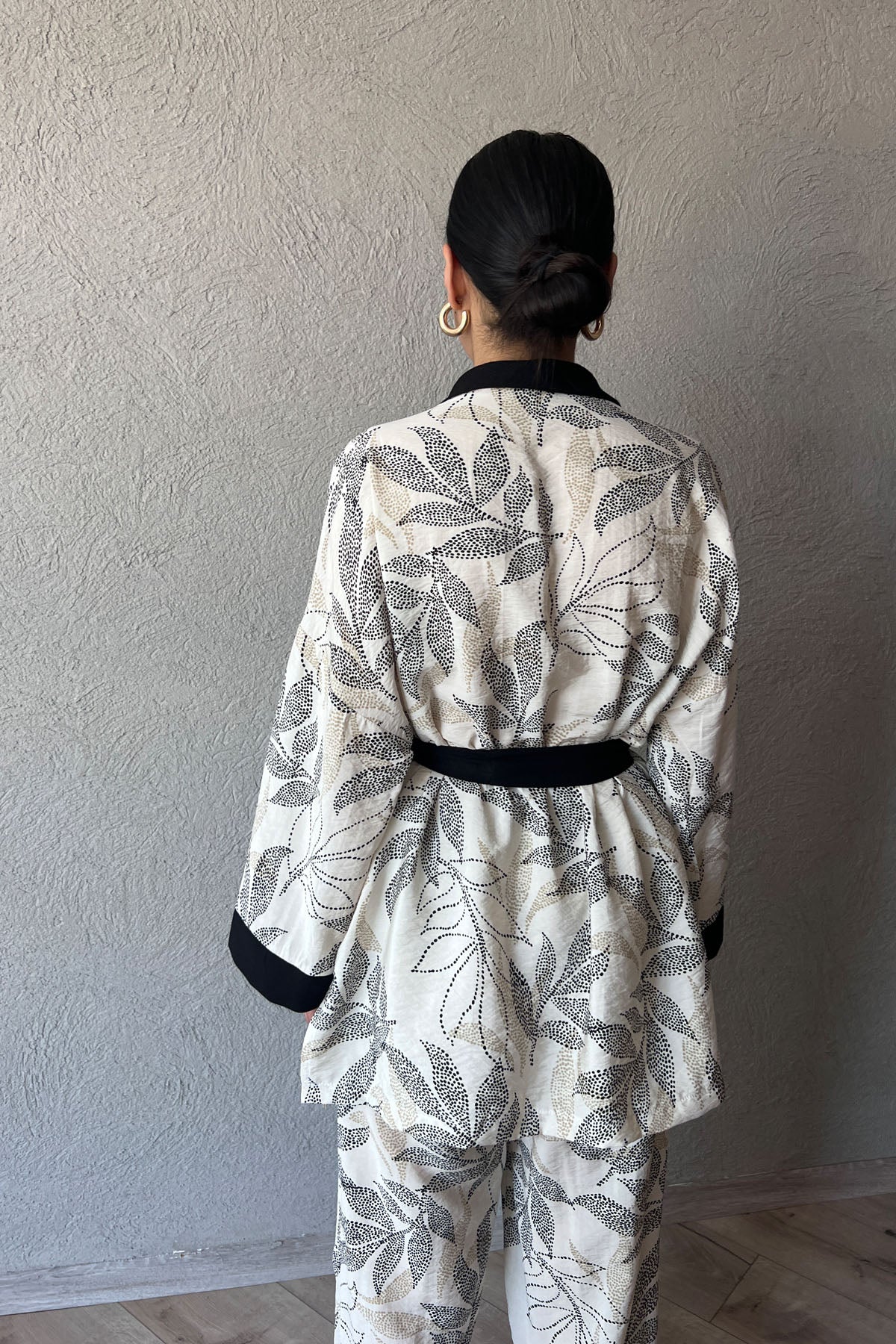 Ekru Garnili Kimono ve Beli Lastikli Pantolon Takım SY-0684-Ekru