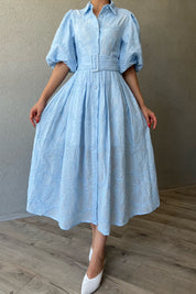 Mavi Balon Kol Pile Detaylı Kemerli Brode Elbise SY-2084-Mavi