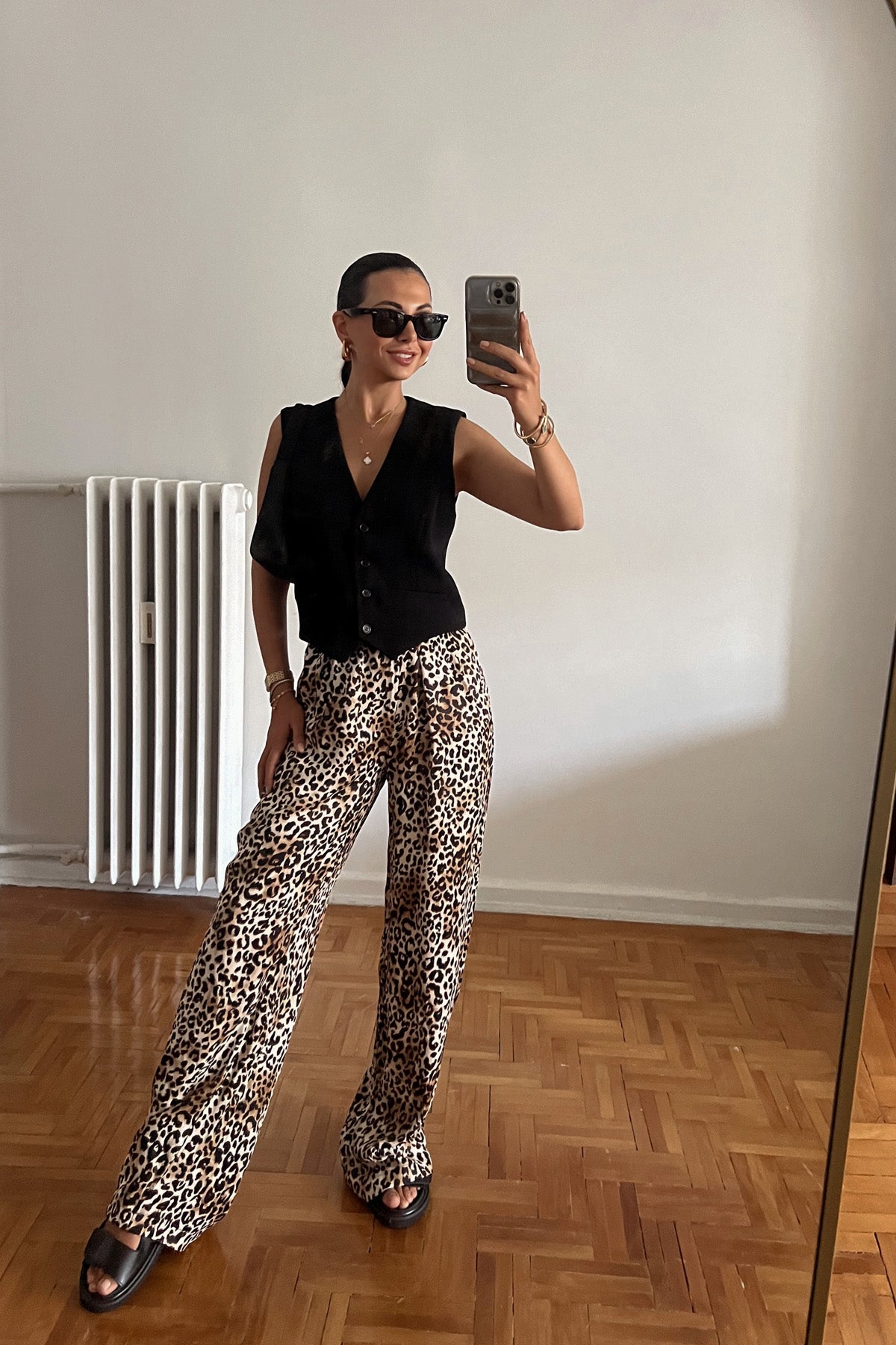 Leopar Bol Beli Lastikli Saten Pantolon SY-2209-Leopar