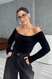 Siyah Sakallı Kayık Yaka Triko Kazak SYM-3426-Siyah