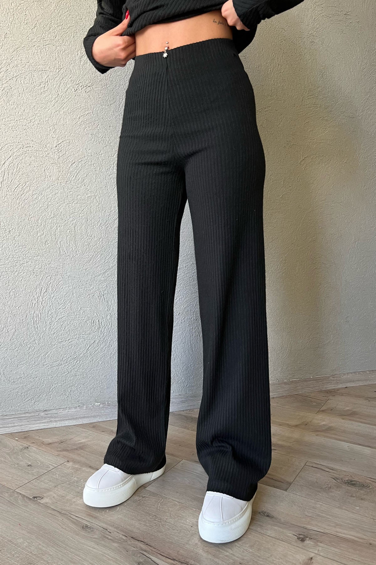 Siyah Asimetrik Fitilli Bluz ve Pantolon Triko Takım SY-1299-Siyah
