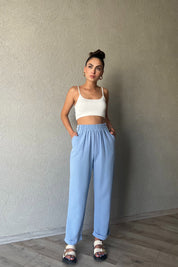 Mavi Bel Detaylı Keten Pantolon SY-2044-Mavi