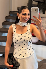 Beyaz Puantiyeli Fularlı Korse Bluz SY-3719-Beyaz