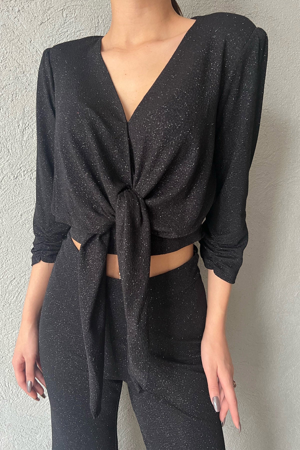 Siyah Simli Crop Bluz ve Pantolon Takım SY-1498-Siyah