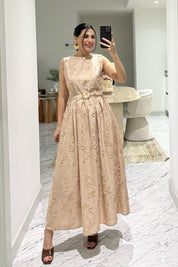 Santorini Çiçek Desenli Midi Elbise-Bej SY-3661-Bej