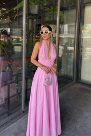 Pembe Puglia Tasarım Sırt Detaylı Keten Elbise SY-2263-Pembe