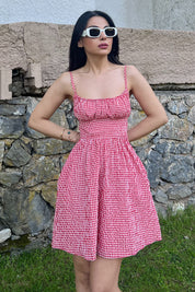 Kırmızı Sırt Detaylı Pöti Kareli Mini Elbise SY-2051-Kırmızı