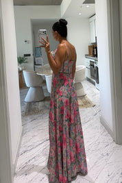 Korse Formlu Biyeli Çiçek Desenli Maxi Elbise SY-3787-Pembe