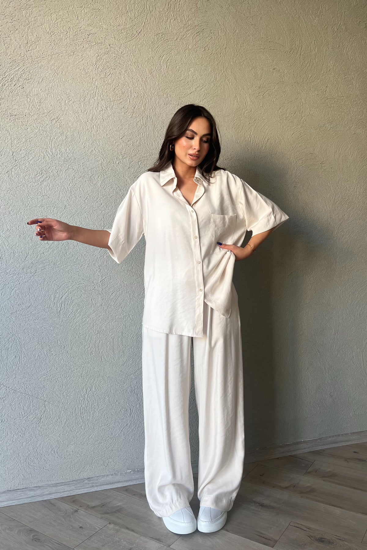 Bej Tensel Kısa Kol Gömlek Pantolon Keten Takım SY-2077-Bej