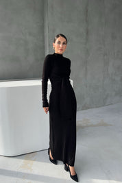 Siyah Fitilli Bağlama Detaylı Triko Elbise SY-2526-Siyah