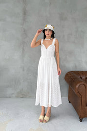 Beyaz Askılı Midi Boy Brode Elbise SY-3068-Beyaz