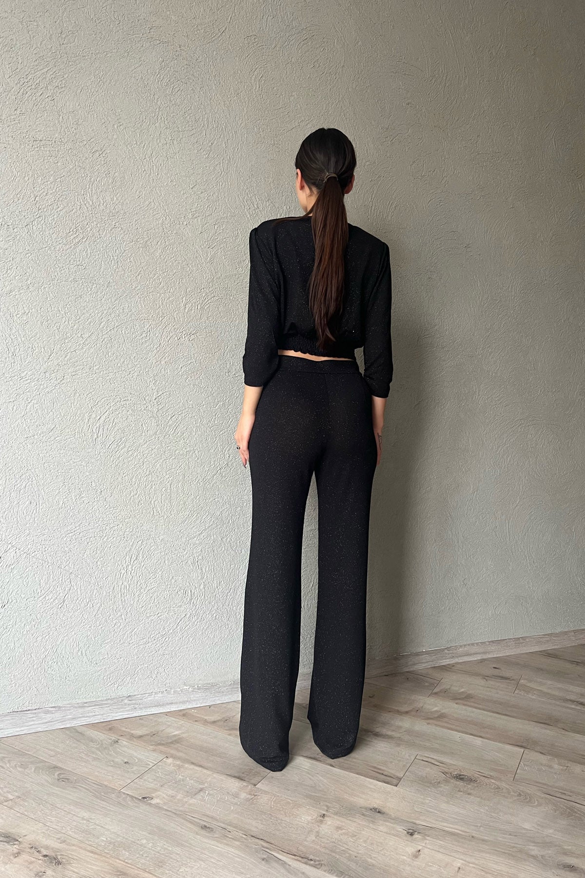 Siyah Simli Crop Bluz ve Pantolon Takım SY-1498-Siyah