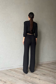 Siyah Simli Crop Bluz ve Pantolon Takım SY-1498-Siyah