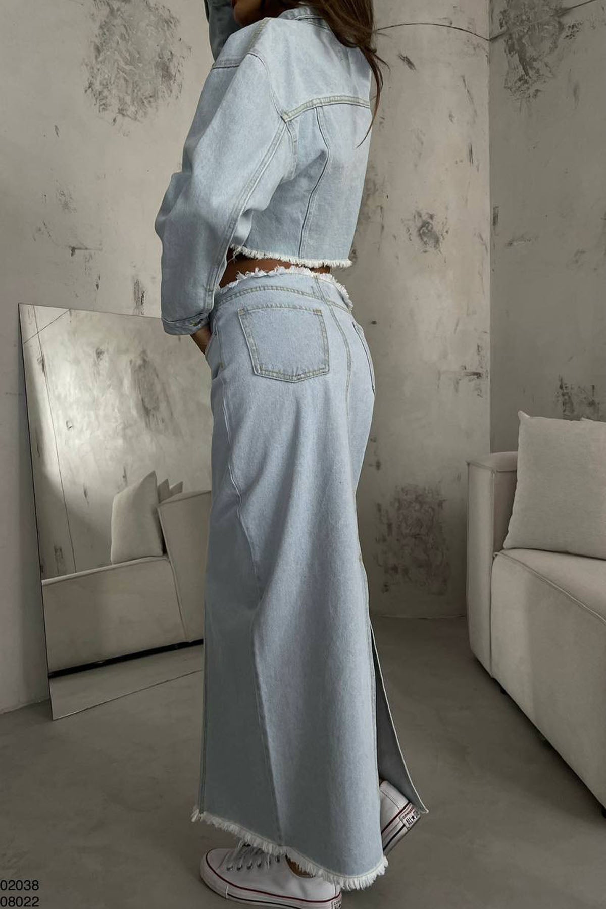 Açık Mavi Önden Parça Detaylı Arkadan Yırtmaçlı Denim Etek ve Ceket Takım SY-1052-Açık Mavi