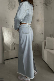 Açık Mavi Önden Parça Detaylı Arkadan Yırtmaçlı Denim Etek ve Ceket Takım SY-1052-Açık Mavi