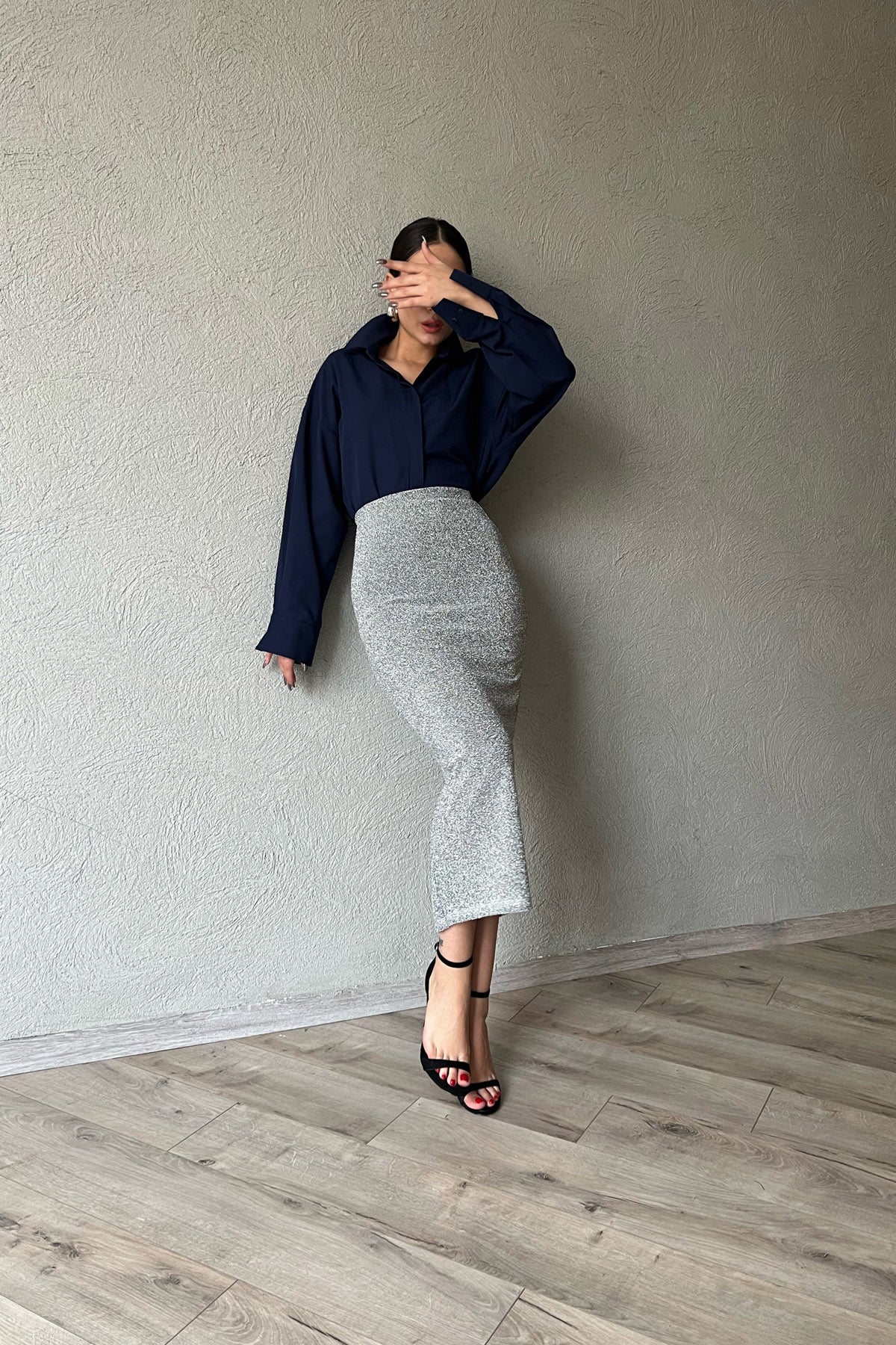 Gümüş Simli Beli Lastikli Kalem Etek SY-1522-Gümüş