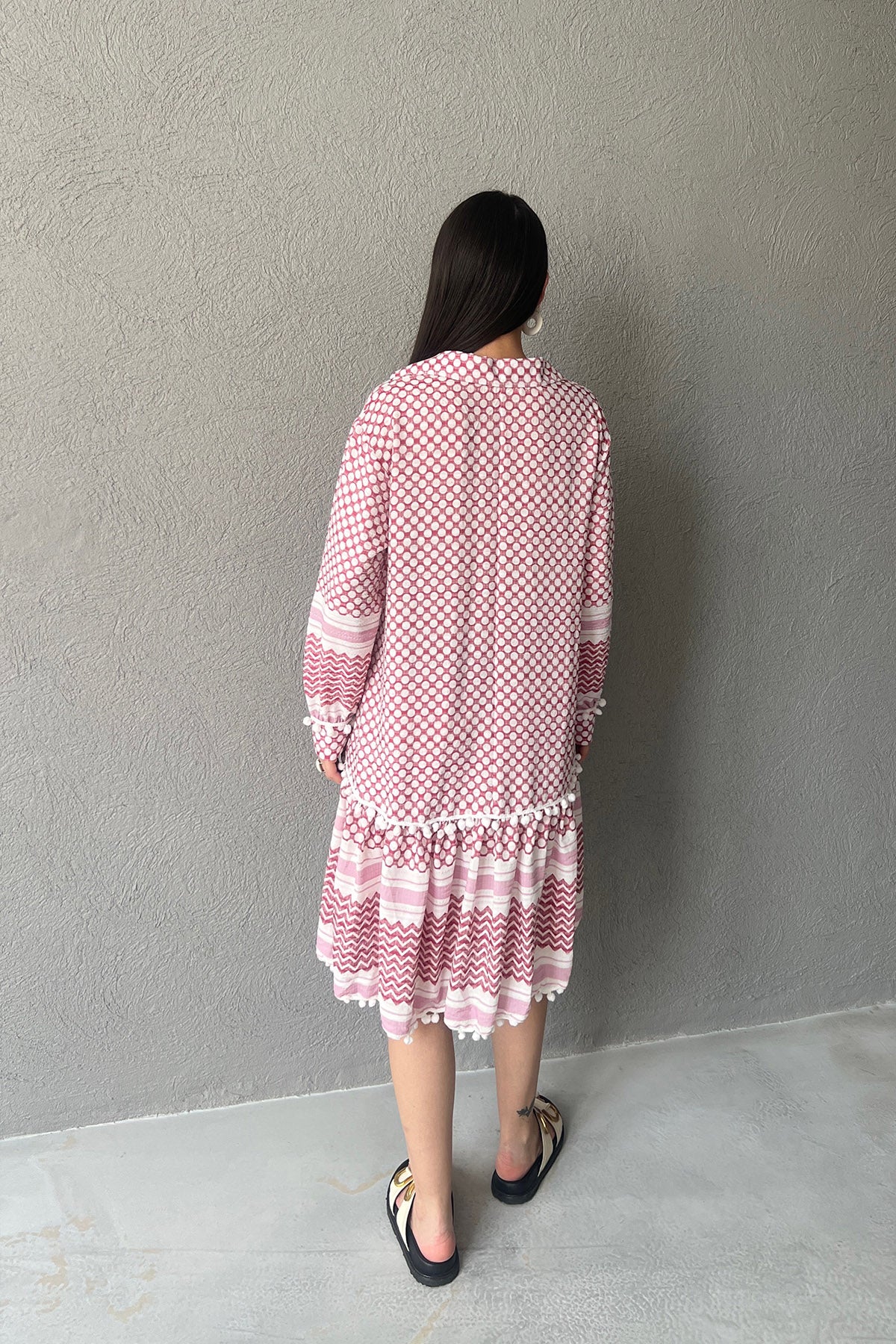 Kırmızı Desenli Gofre Kısa Elbise SY-3036-Kırmızı