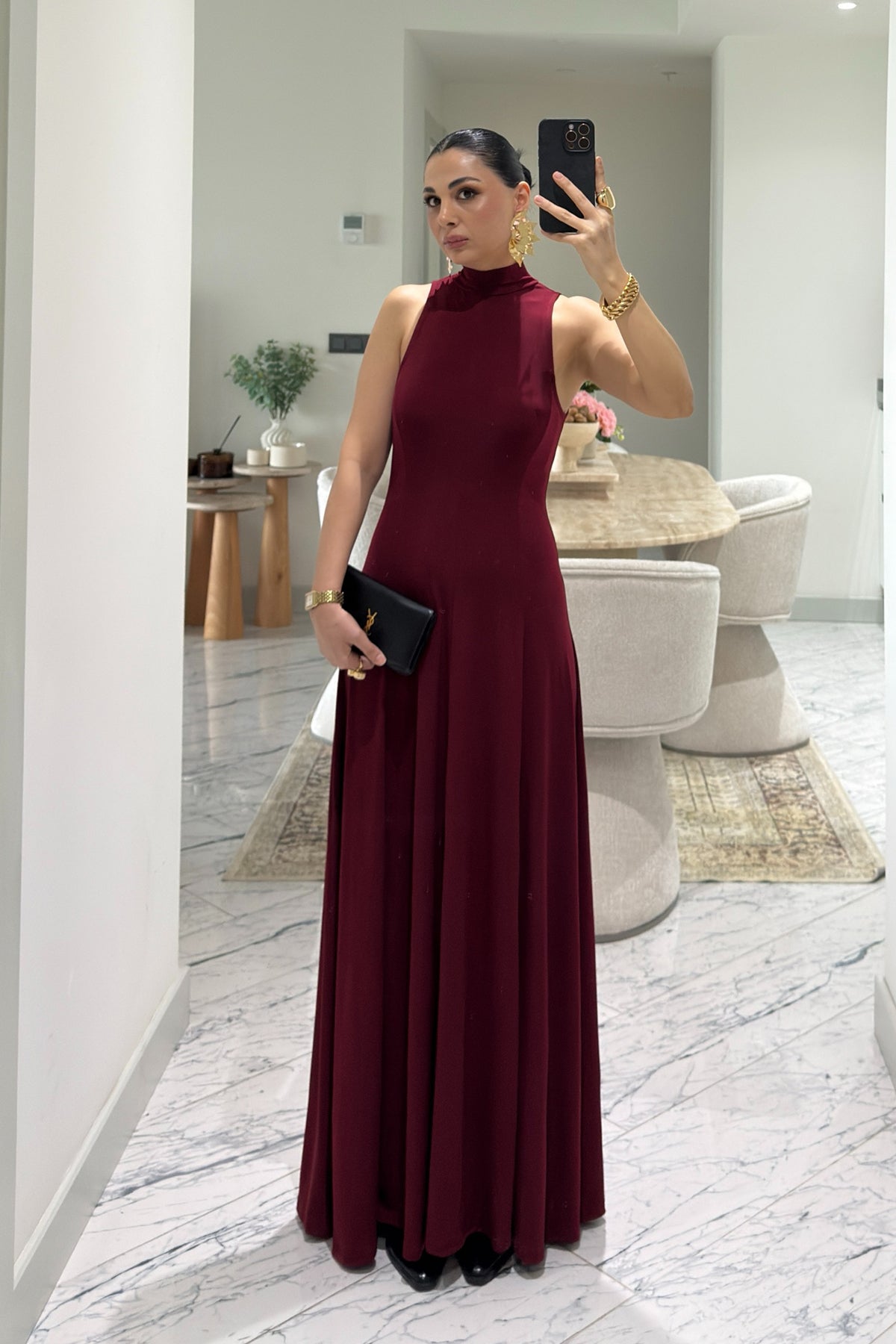 Bordo Balıkçı Yaka Maxi Boy Dökümlü Şık Kadın Elbise SY-3632-Bordo