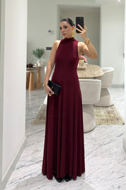 Bordo Balıkçı Yaka Maxi Boy Dökümlü Şık Kadın Elbise SY-3632-Bordo