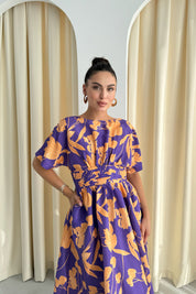 Turuncu Desenli Prenses Kalıp Midi Elbise SY-3294-Turuncu