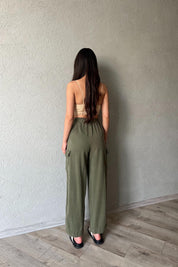 Haki Dikiş Detaylı Kargo Cepli Beli Lastikli Pantolon SY-1863-Haki