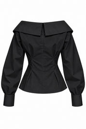 Çapraz Düğmeli Pile Detaylı Siyah Poplin Gömlek SY-3881-Siyah