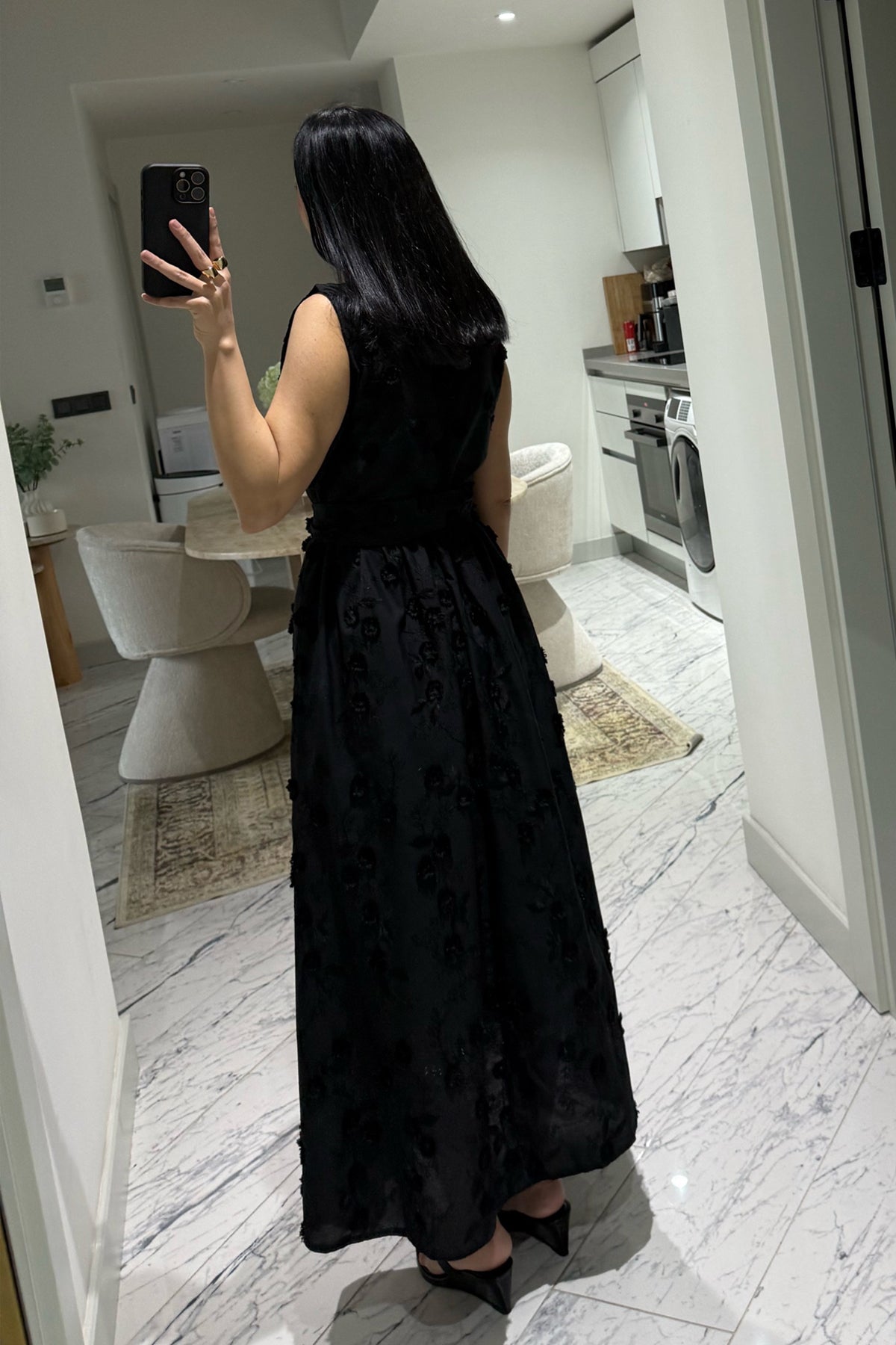 Santorini Çiçek Desenli Midi Elbise-Siyah SY-3661-Siyah