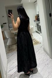 Santorini Çiçek Desenli Midi Elbise-Siyah SY-3661-Siyah