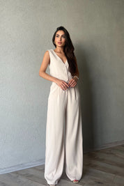 Bej Sırt Detaylı Yelek Palazzo Pantolon Takım SY-2250-Bej