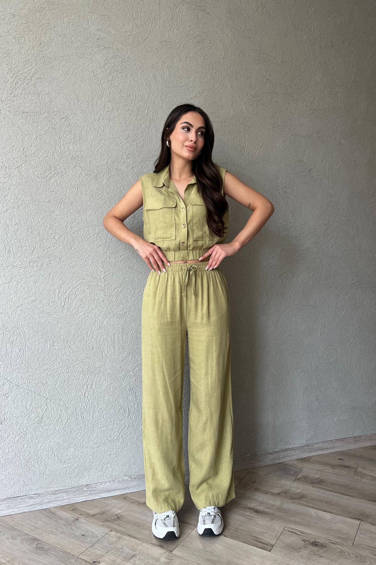 Haki Sıfır Kol Cep Detaylı Crop Pantolon Takım SY-1788-Haki